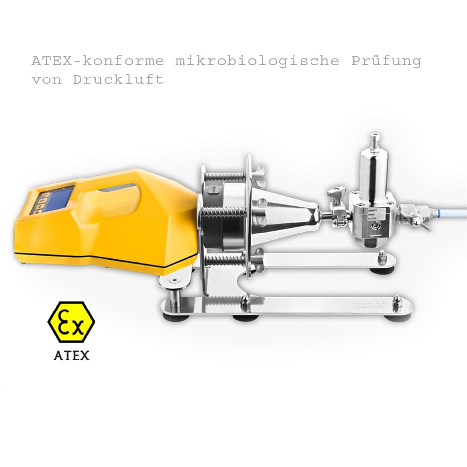 ATEX-zertifizierter Luftkeimsammler mit TRIO.GAS-System zur mikrobiologischen Prüfung von Druckluft in Zone 2