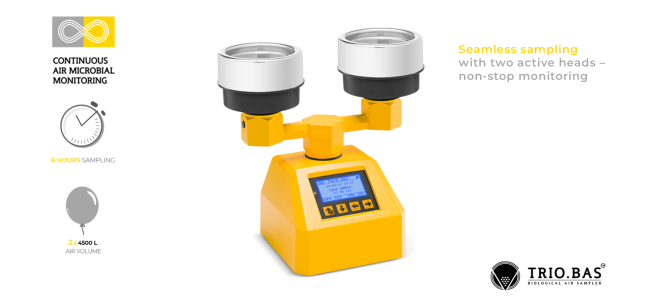 Produktdarstellung des AIRBIO DUO CM Luftkeimsammlers mit zwei Aspirationsköpfen. Links im Bild Symbole für 6 Stunden Sampling und 2 × 4.500 Liter Luftvolumen. Rechts oben Text: „Seamless sampling with two active heads – non-stop monitoring“. Unten rechts TRIO.BAS Logo.