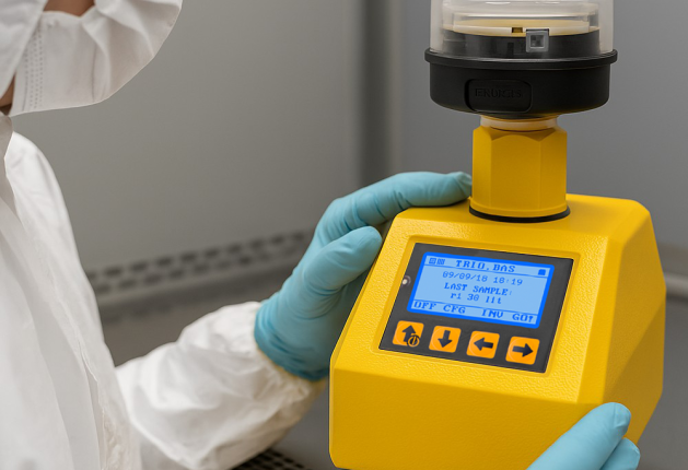 TRIO.BAS AIRBIO ONE CM im Reinraum – Bedienung durch geschultes Fachpersonal Reinraummitarbeiter hält Airbio One