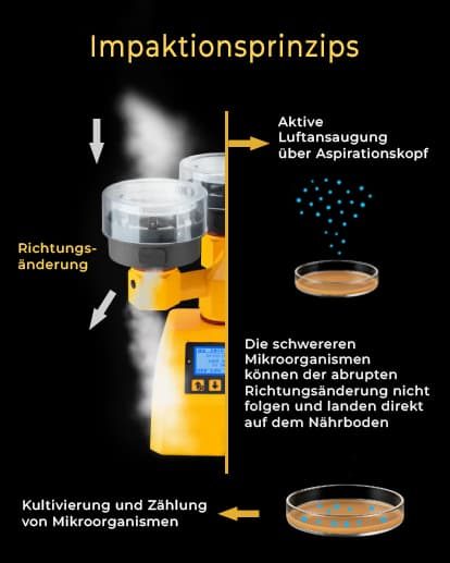 Impaktion: Luftansaugung und Partikelabscheidung auf Nährmedium Darstellung des Impaktionsprinzips bei einem Luftkeimsammler zur mikrobiologischen Luftkeimmessung
